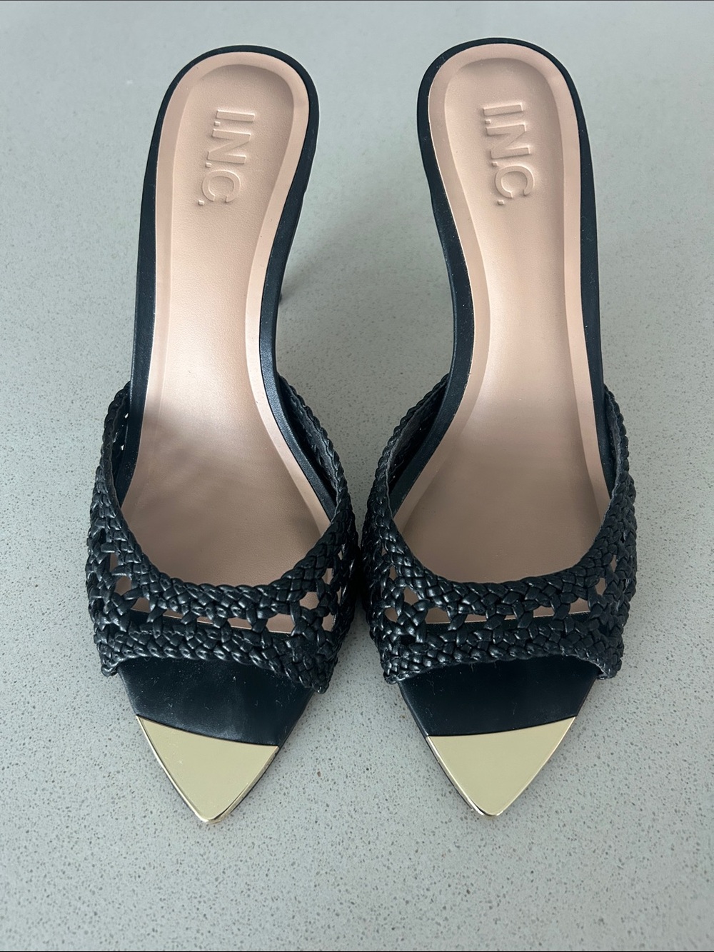 INC International Concepts Black Woven Pointed Toe Mules with Gold Cap